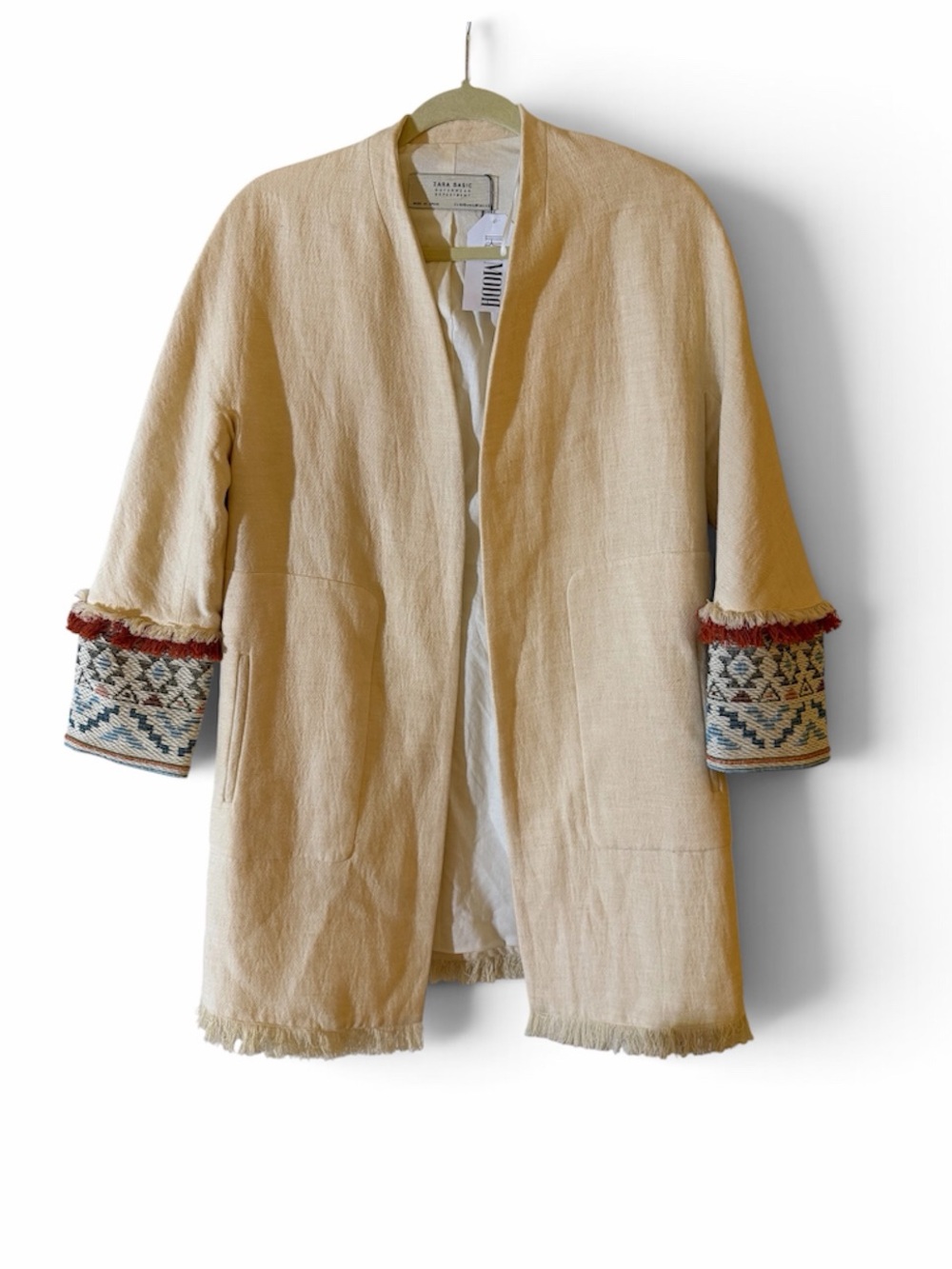 Zara Cream Open-Front Fringe Trim Coat with Embroidered Cuffs - Picture 1 of 7